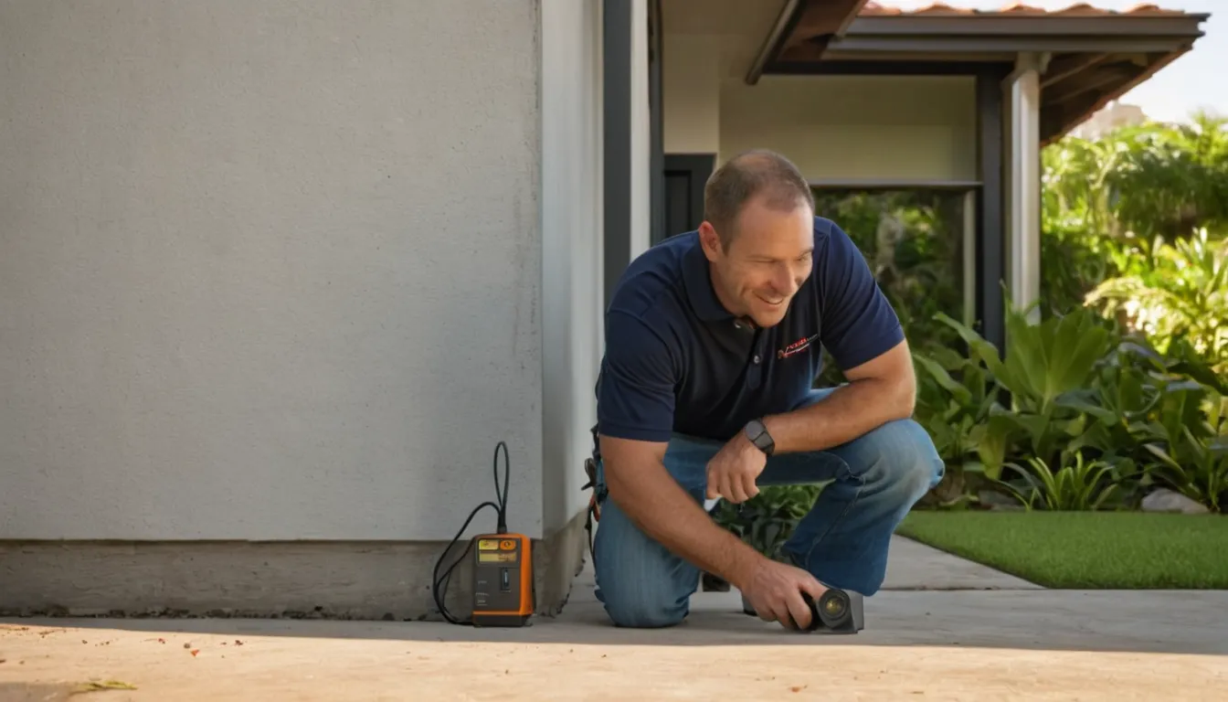 A provider inspecting a concrete block home's foundation for termites in the West Palm Beach area